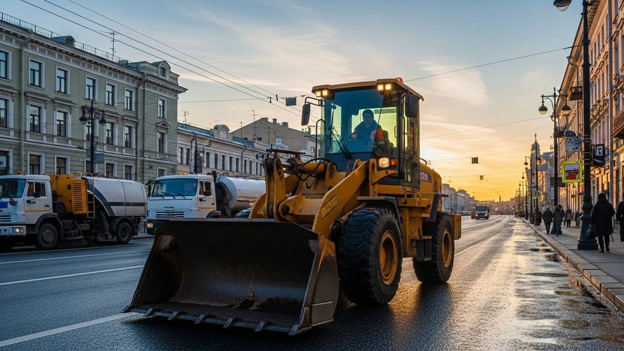фронтальный погрузчик на городской улице во время коммунальных работ